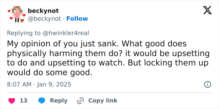 Tweet criticizing arsonists caught on camera during LA wildfires, suggesting imprisonment. Tweet criticizing arsonists caught on camera during LA wildfires, suggesting imprisonment.