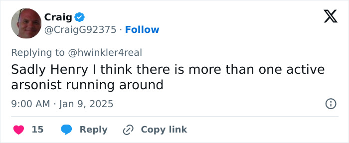 Tweet discussing multiple arsonists during LA wildfires, referencing Henry Winkler's theory. Tweet discussing multiple arsonists during LA wildfires, referencing Henry Winkler's theory.