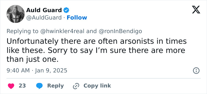 A tweet discussing the presence of arsonists during the LA wildfires. A tweet discussing the presence of arsonists during the LA wildfires.