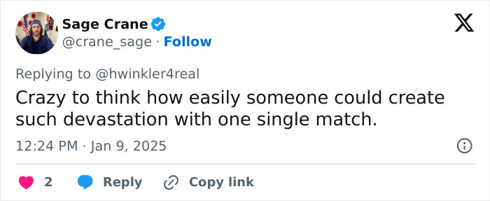 Tweet by Sage Crane discussing arsonists' impact during LA wildfires. Tweet by Sage Crane discussing arsonists' impact during LA wildfires.