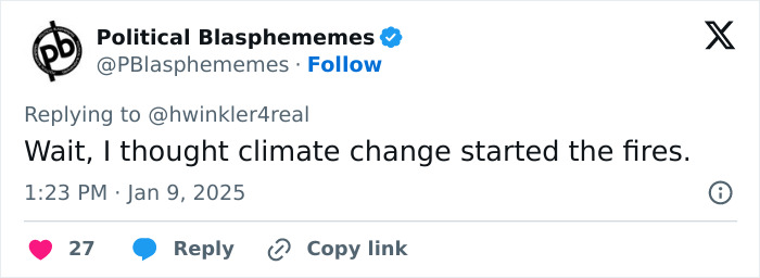 Tweet questioning arsonists' role in LA wildfires, referencing climate change and Henry Winkler's theory. Tweet questioning arsonists' role in LA wildfires, referencing climate change and Henry Winkler's theory.