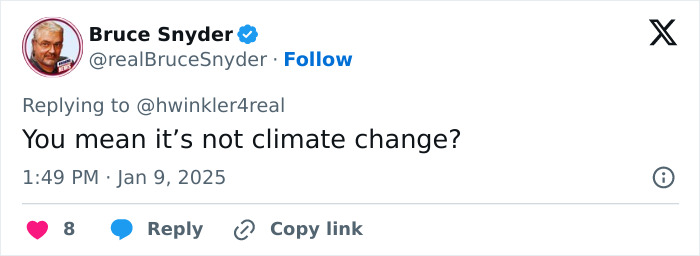 Screenshot of a tweet questioning if arsonists, not climate change, are responsible for LA wildfires. Screenshot of a tweet questioning if arsonists, not climate change, are responsible for LA wildfires.