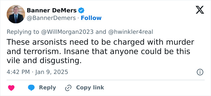 Tweet discussing arsonists during LA wildfires, described as vile and disgusting. Tweet discussing arsonists during LA wildfires, described as vile and disgusting.