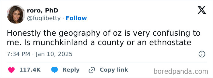 Tweet humorously questioning the geography of Oz in January.