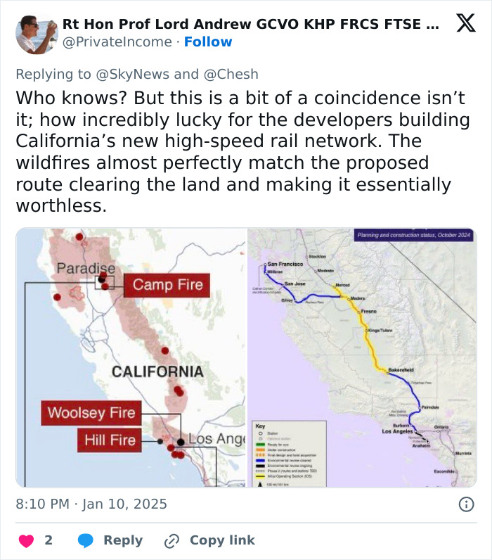 Map showing California fires and proposed rail network amid conspiracy theories. Map showing California fires and proposed rail network amid conspiracy theories.