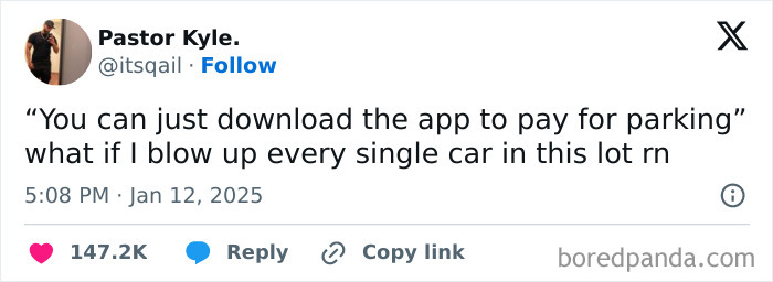 Tweet humorously questioning parking app download, part of the funniest tweets collection from January.