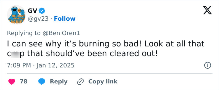 Tweet expressing concern about La Palisades fire, mentioning the lack of clearance contributing to its severity. Tweet expressing concern about La Palisades fire, mentioning the lack of clearance contributing to its severity.