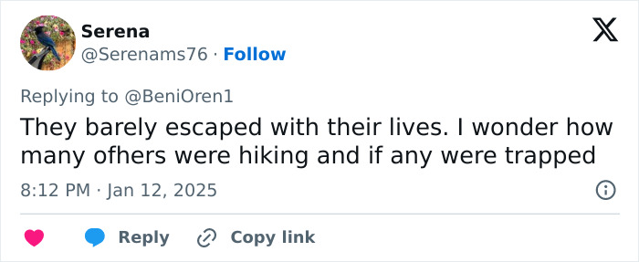 Serena's tweet discusses the escape from La Palisades fire, raising concerns about trapped hikers. Serena's tweet discusses the escape from La Palisades fire, raising concerns about trapped hikers.