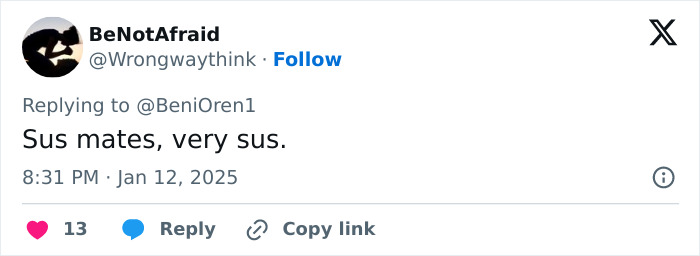 Twitter post comment saying "Sus mates, very sus" related to La Palisades fire theories. Twitter post comment saying "Sus mates, very sus" related to La Palisades fire theories.
