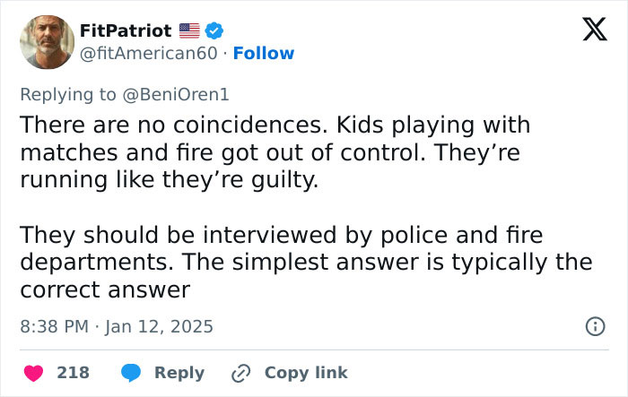 Tweet discussing young men reportedly starting the Palisades fire, sparking conspiracy theories online. Tweet discussing young men reportedly starting the Palisades fire, sparking conspiracy theories online.
