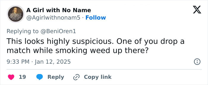 Screenshot of a tweet questioning young men about the start of the La Palisades fire. Screenshot of a tweet questioning young men about the start of the La Palisades fire.