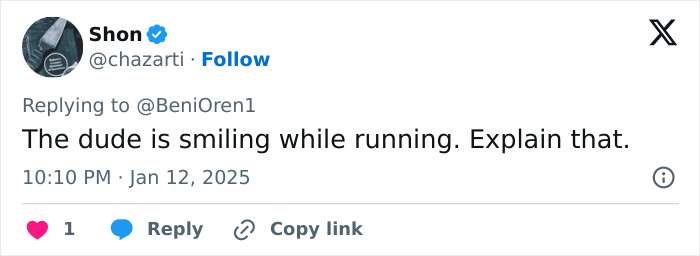 A tweet questioning why a young man is smiling while running, related to La Palisades fire conspiracy theories. A tweet questioning why a young man is smiling while running, related to La Palisades fire conspiracy theories.