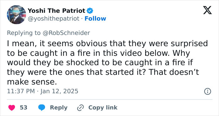 Tweet discussing a video where young men seem surprised about a fire, raising conspiracy theories regarding the La Palisades fire. Tweet discussing a video where young men seem surprised about a fire, raising conspiracy theories regarding the La Palisades fire.