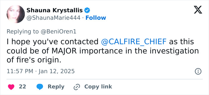 Tweet addressing a fire's origin investigation related to young men filmed at the starting point in La Palisades. Tweet addressing a fire's origin investigation related to young men filmed at the starting point in La Palisades.