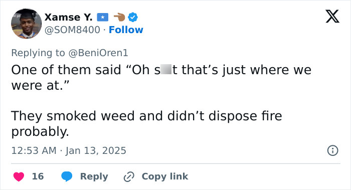 Tweet discussing young men potentially linked to starting La Palisades fire, sparking conspiracy theories. Tweet discussing young men potentially linked to starting La Palisades fire, sparking conspiracy theories.