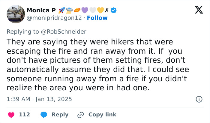 Tweet discussing young men allegedly starting La Palisades fire and debunking conspiracy theories. Tweet discussing young men allegedly starting La Palisades fire and debunking conspiracy theories.