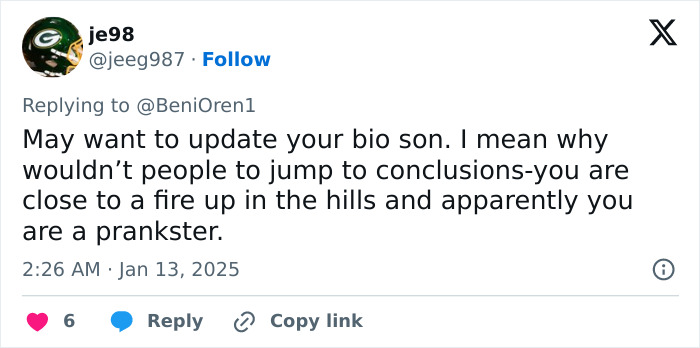 Tweet discussing conspiracy theories related to young men near a hill fire, sparking allegations of pranking. Tweet discussing conspiracy theories related to young men near a hill fire, sparking allegations of pranking.