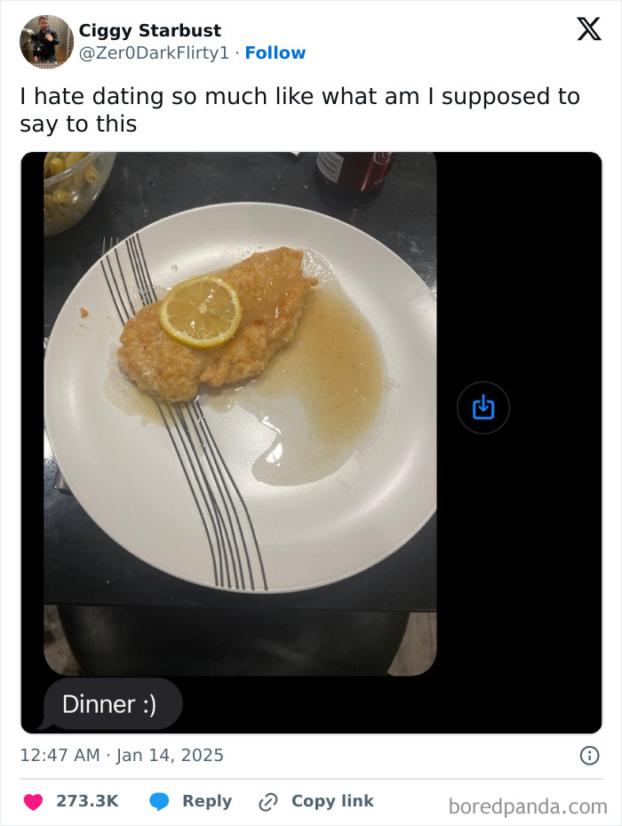 A breaded dish with lemon slices, captioned as "Dinner :)" as a funny tweet about long January.