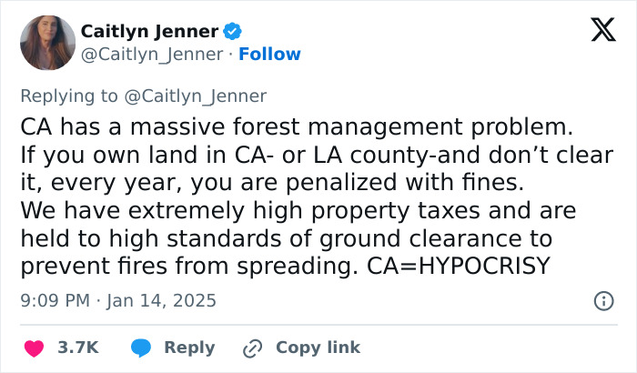 Caitlyn Jenner discusses forest management issues contributing to LA wildfires in a tweet. Caitlyn Jenner discusses forest management issues contributing to LA wildfires in a tweet.