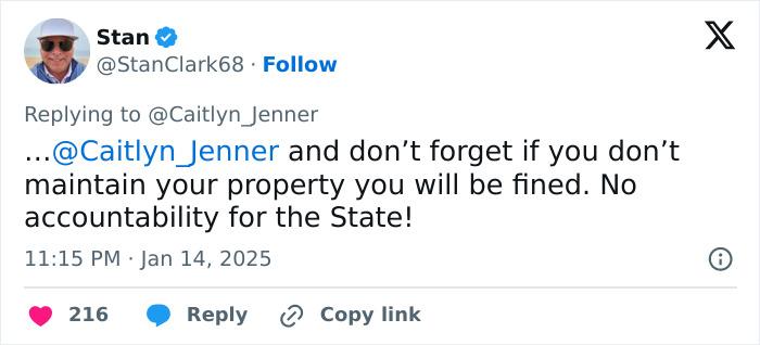 Tweet mentions Caitlyn Jenner, discussing property maintenance and state accountability, linked to LA wildfires tragedy. Tweet mentions Caitlyn Jenner, discussing property maintenance and state accountability, linked to LA wildfires tragedy.