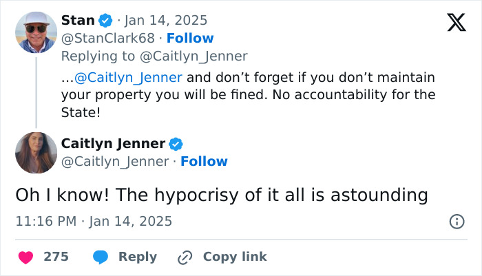 Caitlyn Jenner responds to a tweet highlighting issues linked to LA wildfire tragedy. Caitlyn Jenner responds to a tweet highlighting issues linked to LA wildfire tragedy.