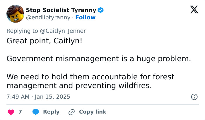 Tweet highlights mismanagement causing LA wildfires, emphasizing accountability in forest management. Tweet highlights mismanagement causing LA wildfires, emphasizing accountability in forest management.