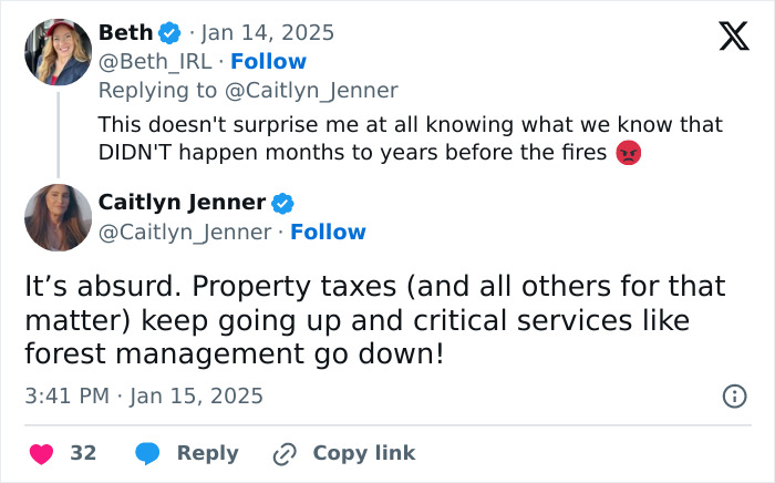 Caitlyn Jenner highlights issues causing LA wildfires tragedy in tweet about taxes and forest management. Caitlyn Jenner highlights issues causing LA wildfires tragedy in tweet about taxes and forest management.