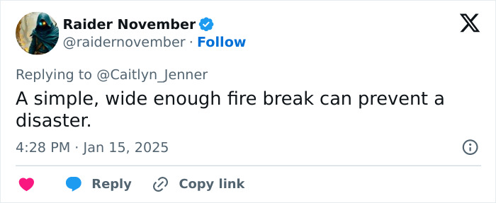 Tweet reply discussing fire prevention measures related to LA wildfires. Tweet reply discussing fire prevention measures related to LA wildfires.