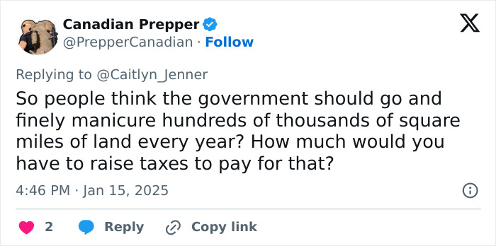 Tweet questioning government land management in response to Caitlyn Jenner on LA wildfires. Tweet questioning government land management in response to Caitlyn Jenner on LA wildfires.