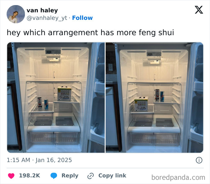 Open fridge with different arrangements of drinks, highlighting the funniest tweets that made January bearable.