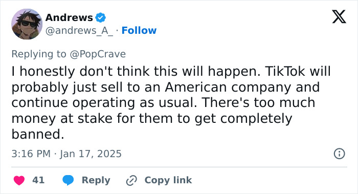 Tweet discussing TikTok ban and prospects of sale to an American company to avoid being banned. Tweet discussing TikTok ban and prospects of sale to an American company to avoid being banned.