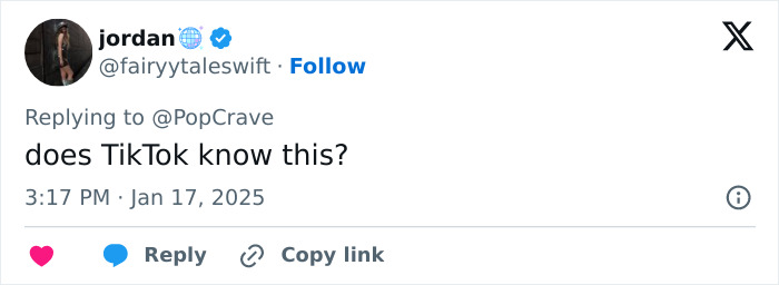 Tweet questioning TikTok ban, with user asking, "does TikTok know this? Tweet questioning TikTok ban, with user asking, "does TikTok know this?