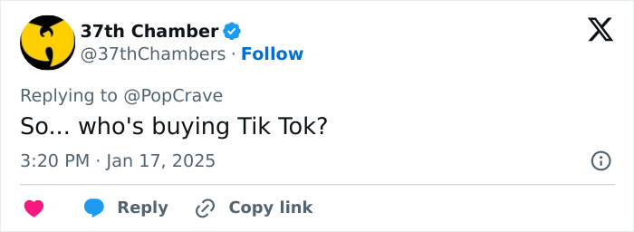 Tweet asking, "So... who's buying Tik Tok?" in response to TikTok ban discussions. Tweet asking, "So... who's buying Tik Tok?" in response to TikTok ban discussions.