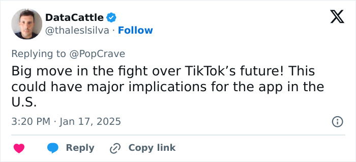 Tweet discussing TikTok's potential ban and its implications in the U.S. Tweet discussing TikTok's potential ban and its implications in the U.S.