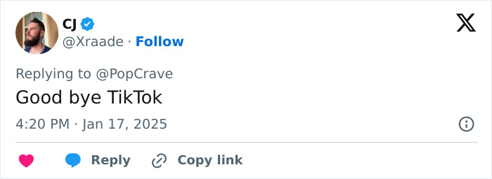 Tweet saying "Good bye TikTok," discussing potential TikTok ban. Tweet saying "Good bye TikTok," discussing potential TikTok ban.