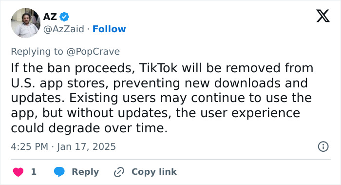Tweet discusses potential TikTok ban from U.S. app stores, impacting downloads and updates. Tweet discusses potential TikTok ban from U.S. app stores, impacting downloads and updates.