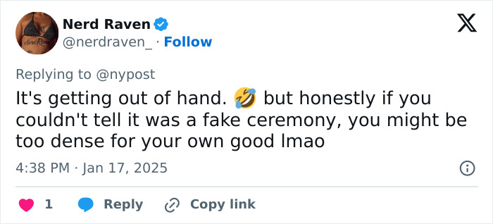 Tweet joke about being tricked into a fake wedding ceremony. Tweet joke about being tricked into a fake wedding ceremony.