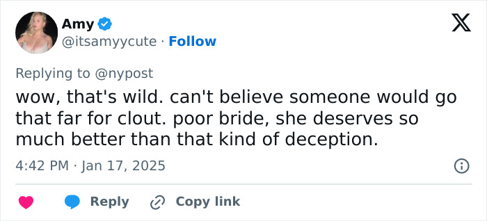 Tweet by Amy expressing disbelief over a bride scammed by an influencer in a fake wedding for clout. Tweet by Amy expressing disbelief over a bride scammed by an influencer in a fake wedding for clout.