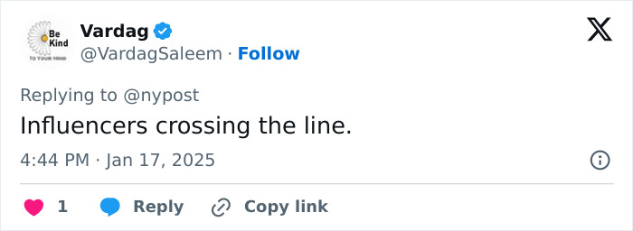 Tweet by Vardag about influencers crossing boundaries, dated Jan 17, 2025. Tweet by Vardag about influencers crossing boundaries, dated Jan 17, 2025.