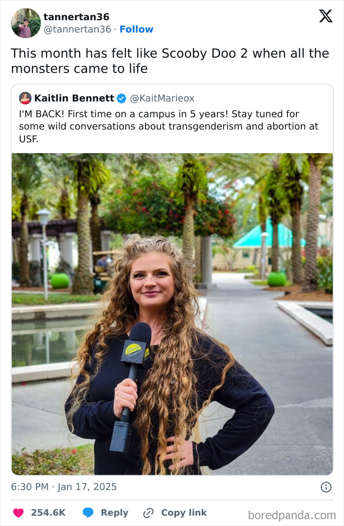 Woman with long hair holding a microphone outdoors, featuring one of the funniest tweets from January.