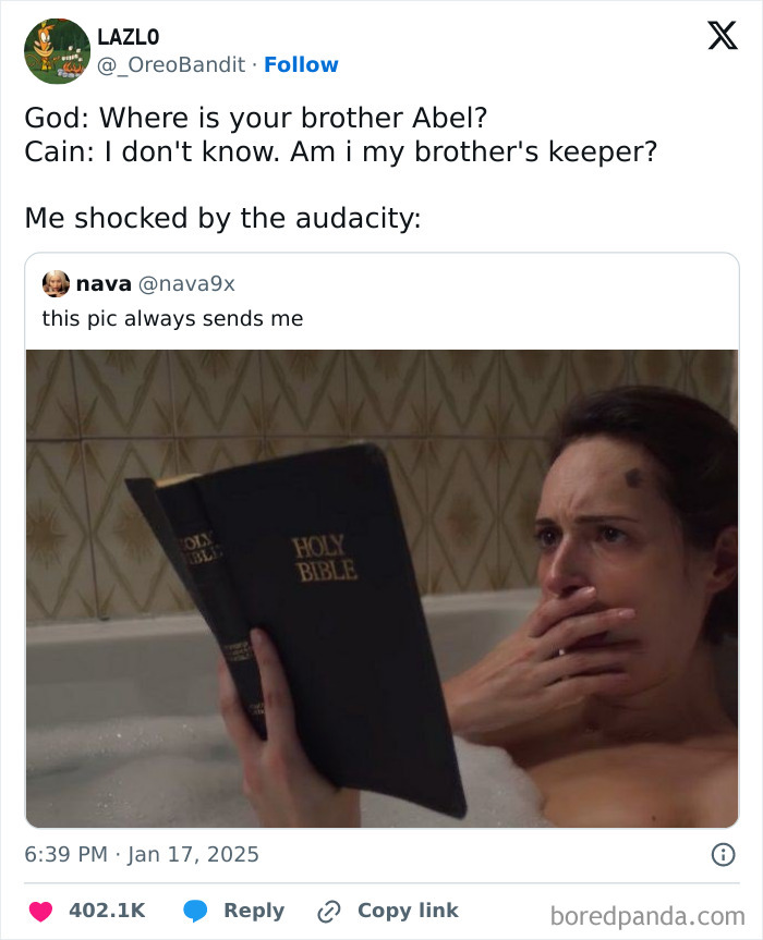 Person in a bathtub looking shocked, holding a Bible in a funny tweet about surviving January.