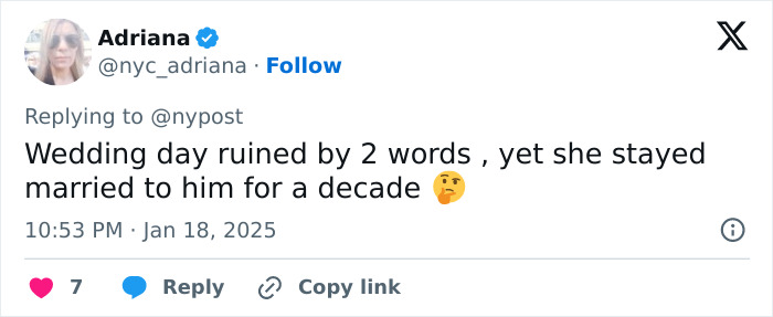 Tweet about wedding day ruined by husband's hurtful words; reflects on decade-long marriage. Tweet about wedding day ruined by husband's hurtful words; reflects on decade-long marriage.