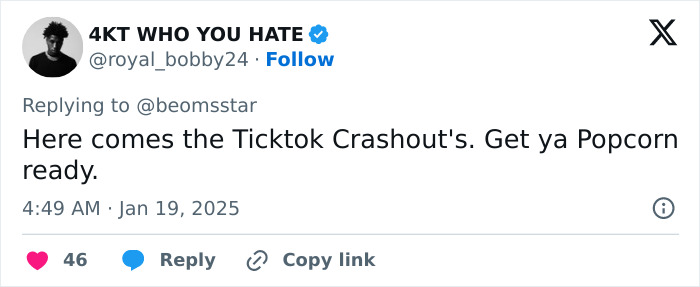 Tweet about TikTok users' reaction to US ban, mentioning "Ticktok Crashout" and getting popcorn ready. Tweet about TikTok users' reaction to US ban, mentioning "Ticktok Crashout" and getting popcorn ready.