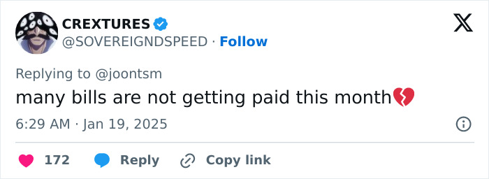 Tweet reacts to US ban, expressing concern over unpaid bills, with a broken heart emoji, from user @SOVEREIGNDSPEED. Tweet reacts to US ban, expressing concern over unpaid bills, with a broken heart emoji, from user @SOVEREIGNDSPEED.