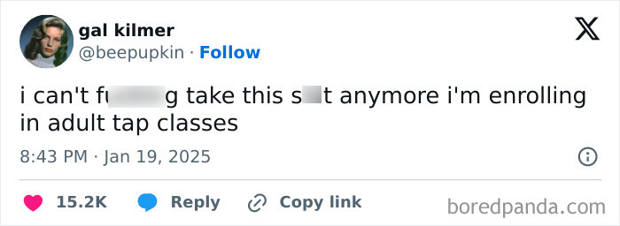 Tweet humorously expressing frustration and contemplating enrolling in adult tap classes.