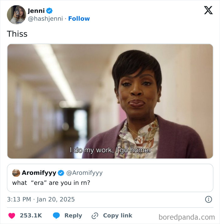 Person in a hallway with text overlay: "I do my work, I go home." Tweet below says: "what 'era' are you in rn?" Funny tweet.