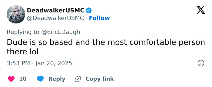Tweet discussing a senator wearing gym shorts at presidential inauguration, calling him "based" and "comfortable. Tweet discussing a senator wearing gym shorts at presidential inauguration, calling him "based" and "comfortable.