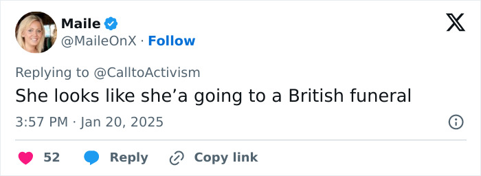 Screenshot of a tweet reacting to Melania Trump's inauguration outfit. Screenshot of a tweet reacting to Melania Trump's inauguration outfit.