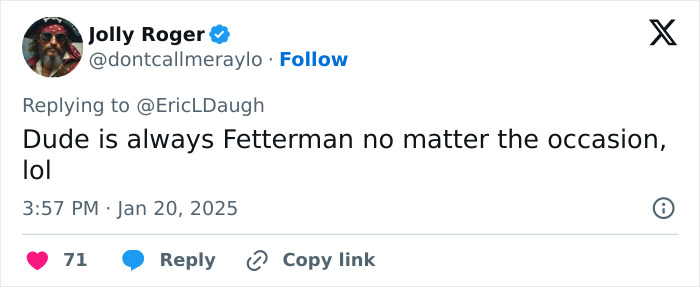 Tweet about senator's gym shorts at inauguration, humorously noting consistent style. Tweet about senator's gym shorts at inauguration, humorously noting consistent style.