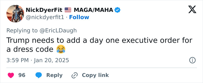 Tweet by NickDyerFit discussing dress code and executive orders with a laughing emoji. Tweet by NickDyerFit discussing dress code and executive orders with a laughing emoji.